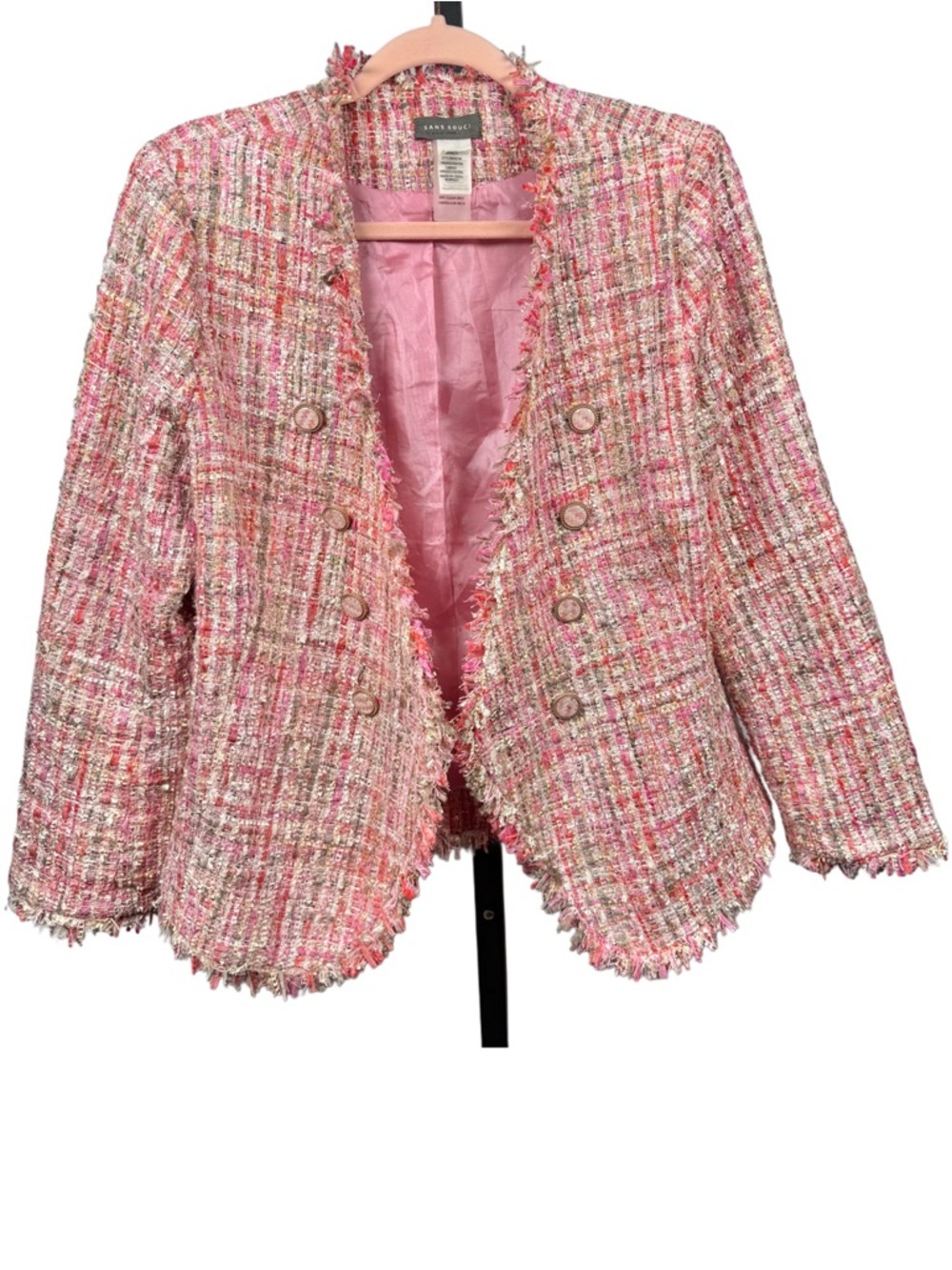 Sans Souci Pink Multi-Color Tweed Blazer Jacket Metallic Gold Accents Small